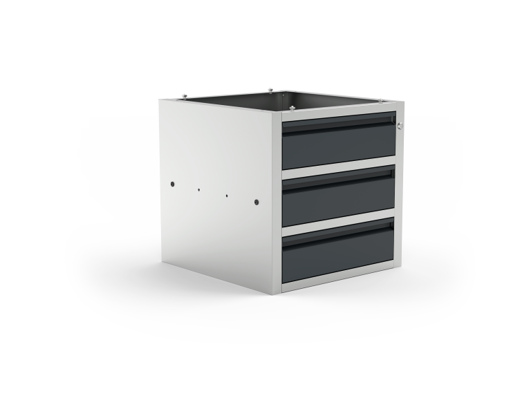 Modulo 3 cassetti con apertura totale dei cassetti, guida soft-close e chiusura centralizzata con chiave.