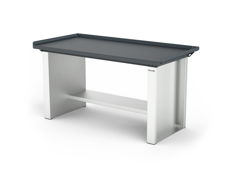 Banco da lavoro ad altezza fissa, con piano in acciaio anticaduta da 3 mm, fianchi standard e ripiano medio. L 1500 mm