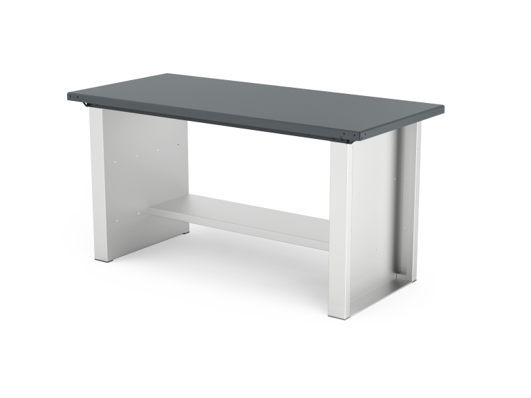 Banco da lavoro ad altezza fissa, con piano in acciaio standard da 3 mm, fianchi standard e ripiano medio. L 1500 mm