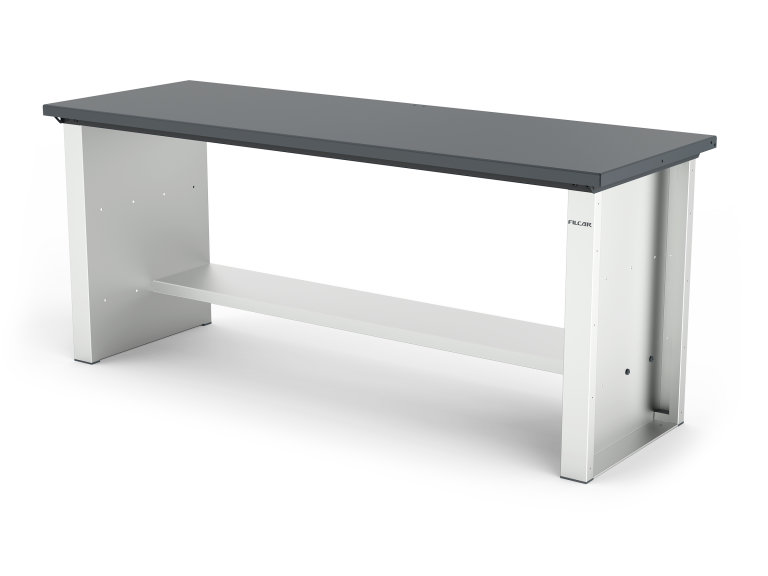 Banco da lavoro ad altezza fissa, con piano in acciaio standard da 3 mm, fianchi standard e ripiano medio. L 2000 mm