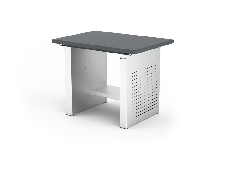 Banco da lavoro ad altezza fissa, con piano in acciaio standard da 3 mm, fianchi chiusi con predisposizioni elettriche e ripiano medio. L 1000 mm