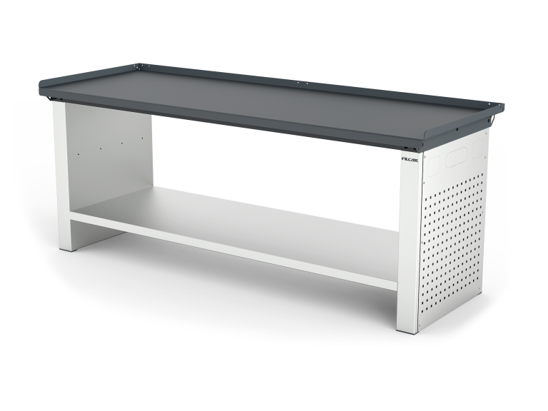 Établi à hauteur fixe avec plateau en acier antichute de 3 mm, côtés fermés avec raccords électriques et grande étagère. L 2000 mm