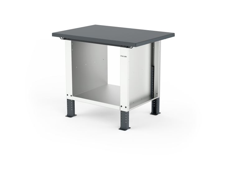 Banco da lavoro ad altezza regolabile, con piano in acciaio standard da 3 mm, fianchi standard e ripiano grande. L 1000 mm