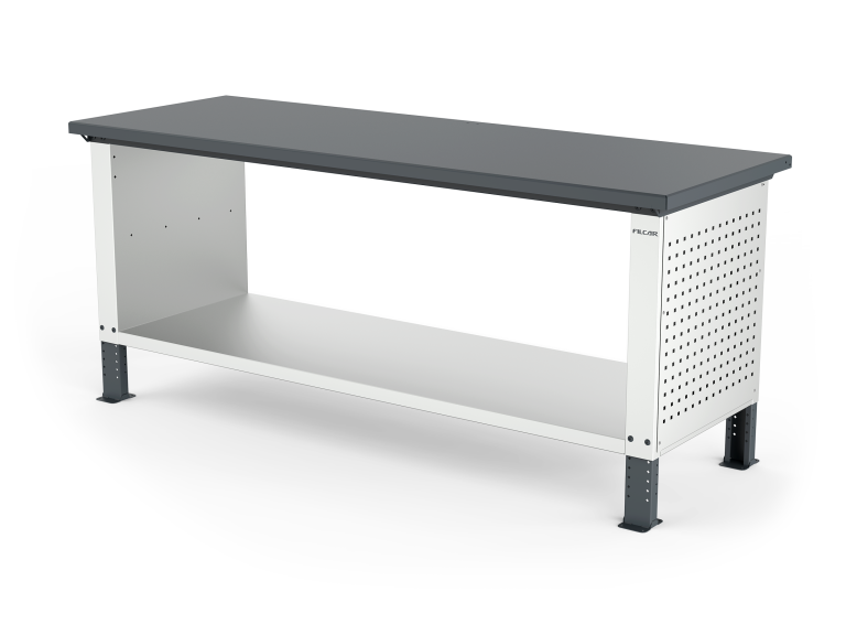 Banco da lavoro ad altezza regolabile, con piano in acciaio standard da 3 mm, fianchi standard e ripiano grande. L 2000 mm